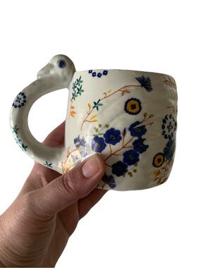 Anthropologie Ceramic Mug Multicolor Floral Accent Bird Handle Country Boho
